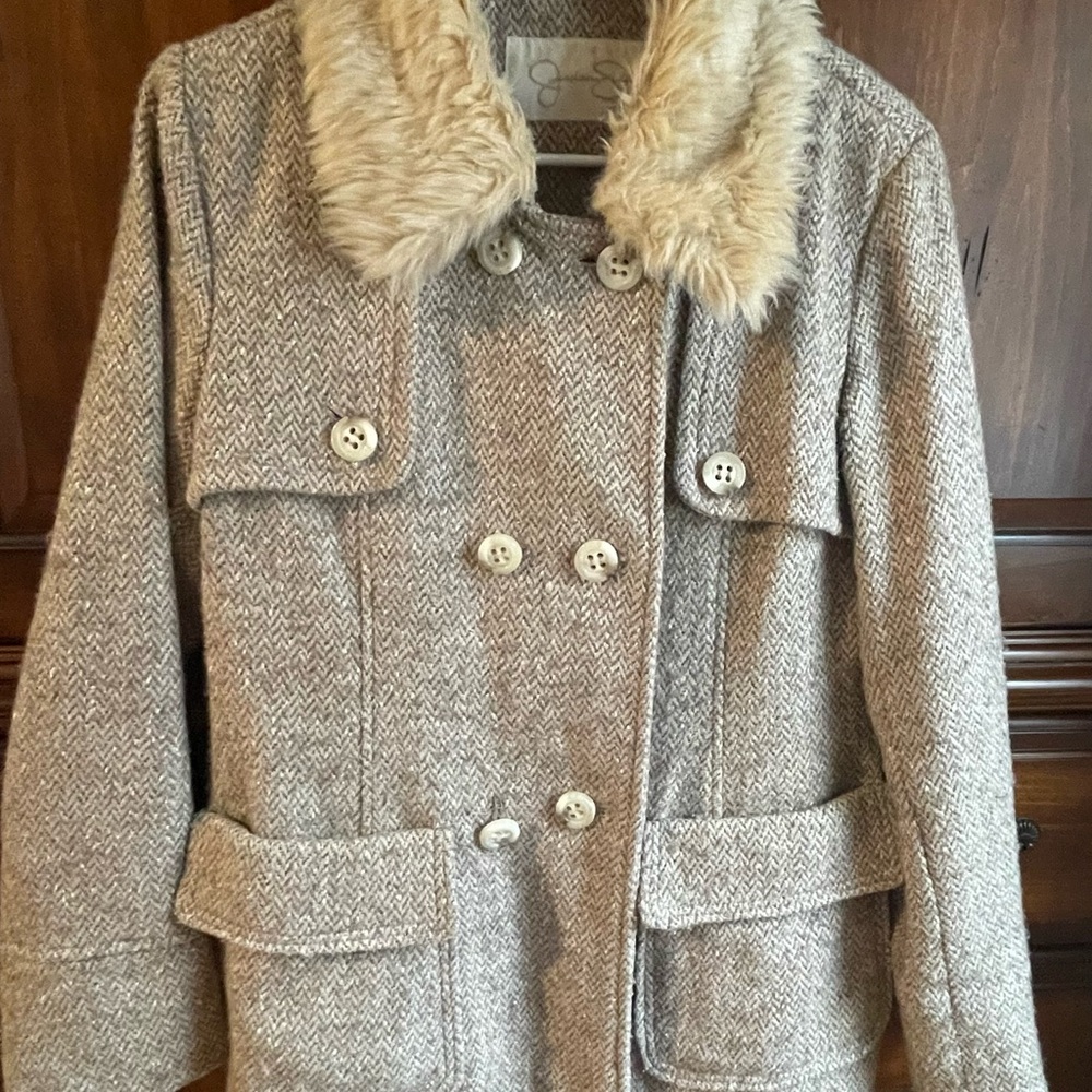 Jessica Simpson Cream Double-Breasted Pea Coat with Faux Fur Collar